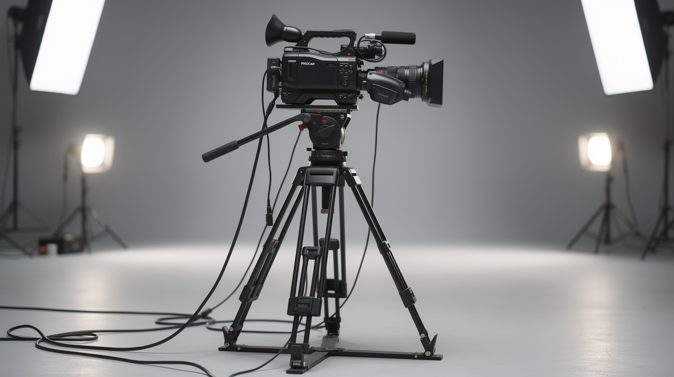 Professional camera mounted on a tripod ready for filming