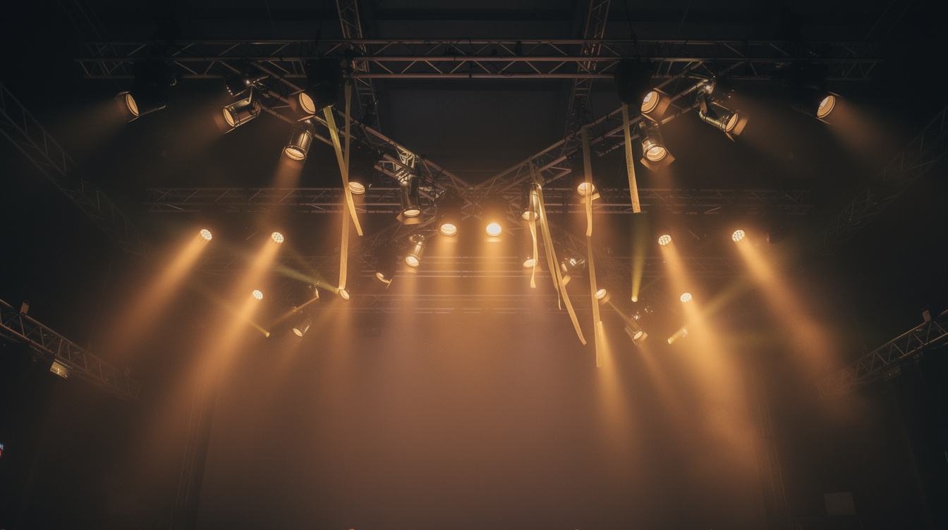 Stage lighting rig glowing with warm coloured lights