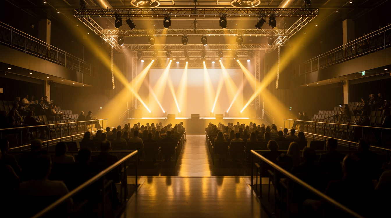 Entertainment event venue with stage lights and audience