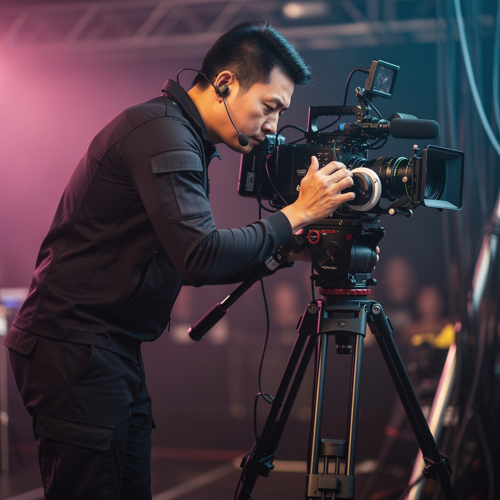 Photographer adjusting camera settings backstage at a live event
