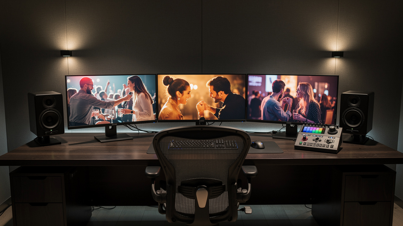 Editing suite with multiple monitors displaying photographs