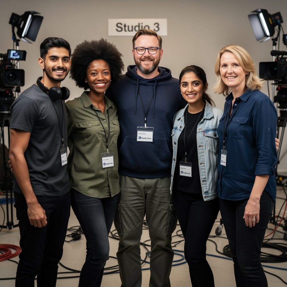 Diverse media crew team standing together smiling