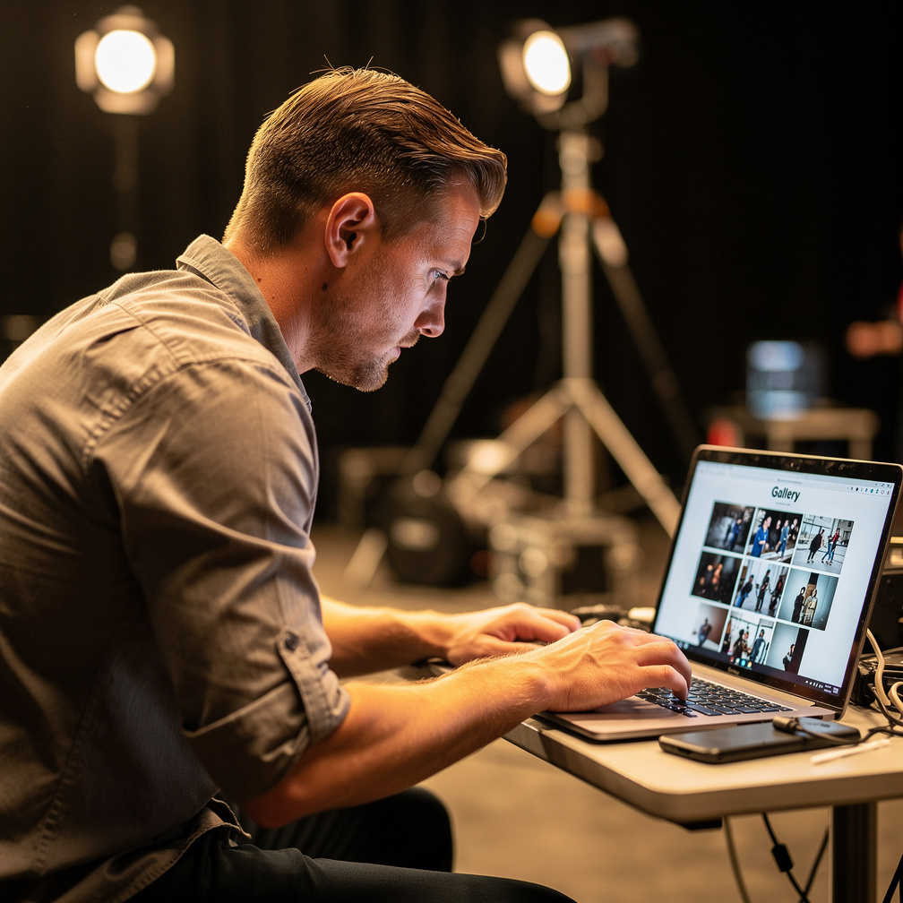 Editor reviewing event photographs on a laptop backstage