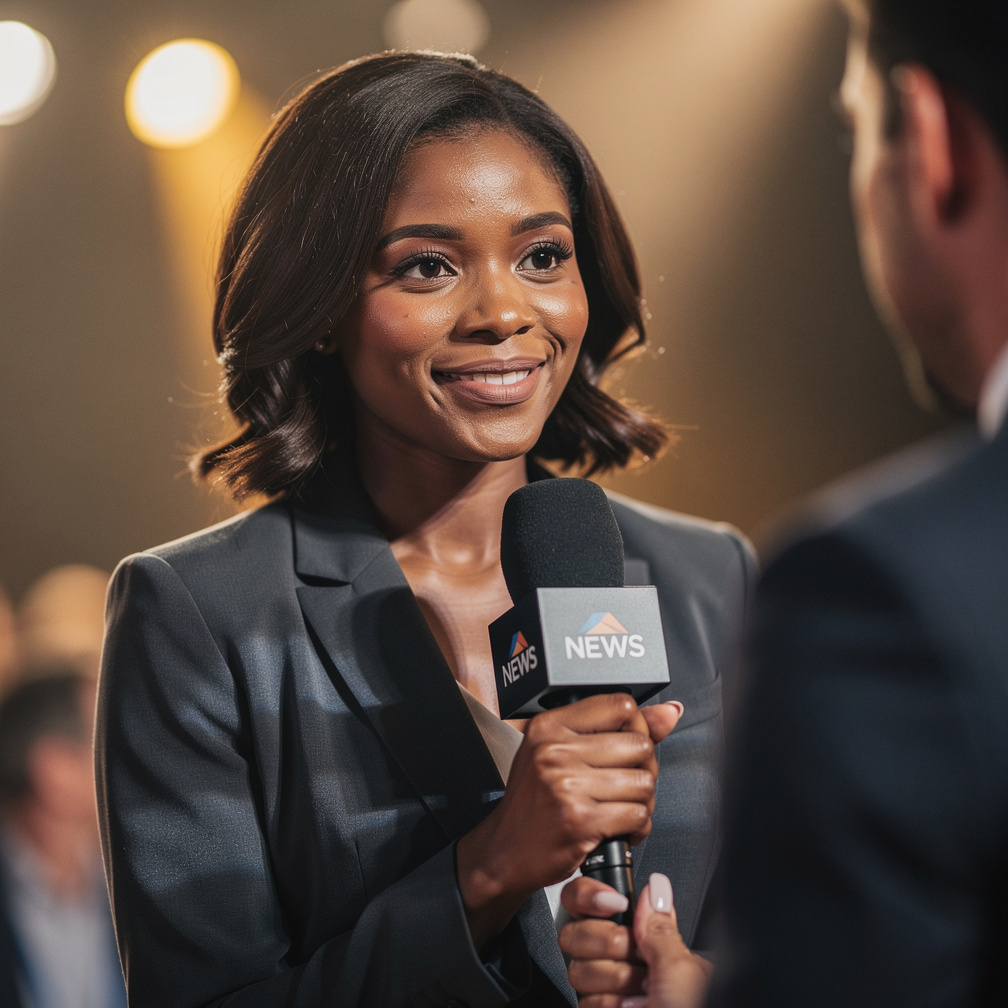 Female broadcast journalist holding a microphone during an interview
